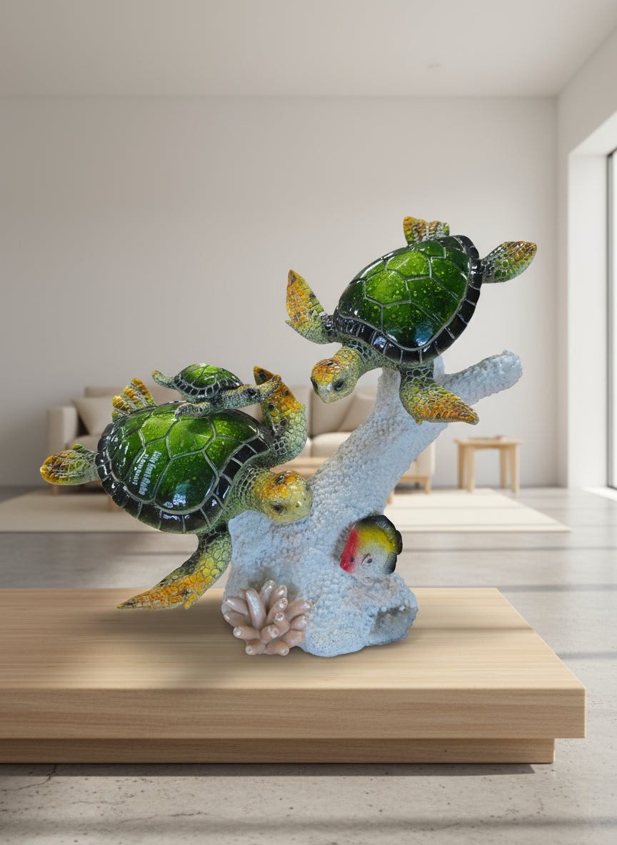 2 LARGE & BABY GREENT TURTLES ON WHITE CORAL