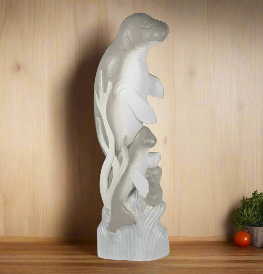LG Carved DBL Manatee Statue