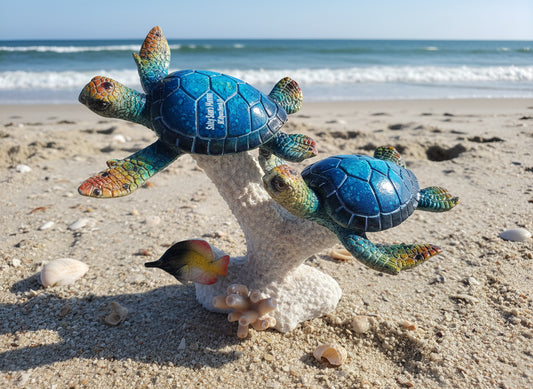 2 BLUE TURTLES ON WHITE CORAL